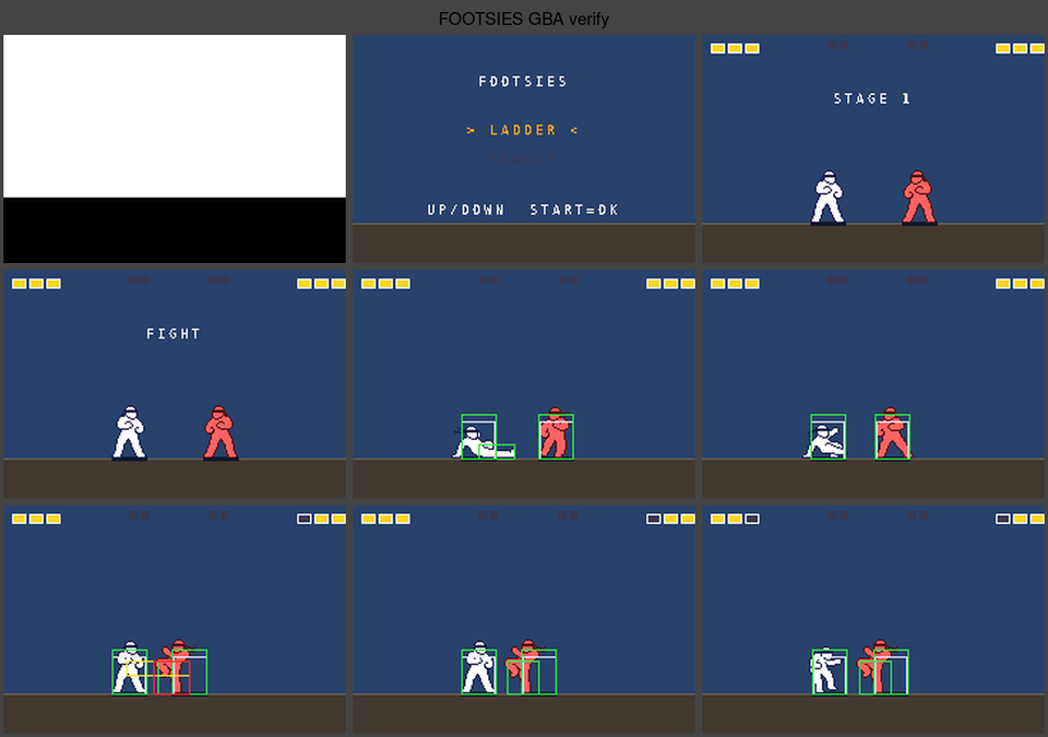 Nine-panel verification sheet showing the FOOTSIES port with its hitbox, hurtbox and pushbox debug overlay active