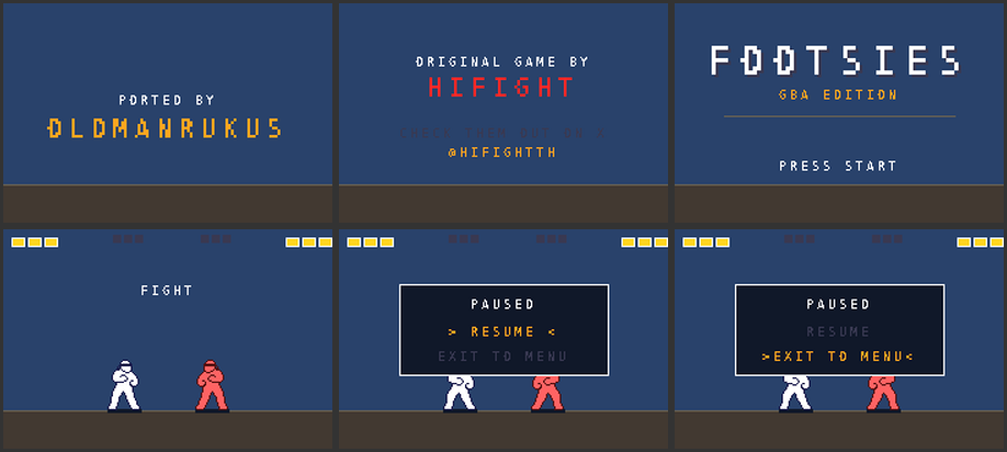 FOOTSIES GBA port showing title screen, credits, a fight in progress and the pause menu