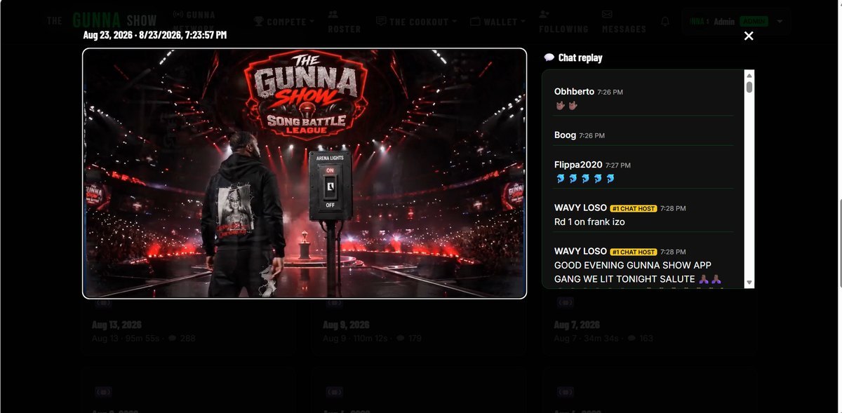 The Gunna Show live battle page — stream player with synchronised chat replay alongside past broadcasts