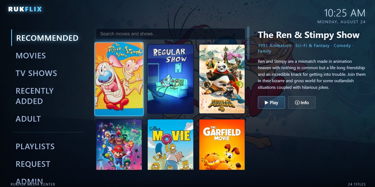 RukFlix media center interface — Recommended row with poster art, a title detail pane and sidebar navigation