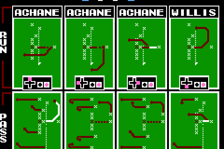 Tecmo Super Bowl play call screen with the first down line