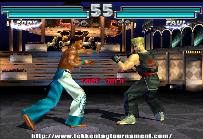 Tekken Tag Tournament running as a native Windows executable — Eddy versus Paul, full HUD and stage geometry