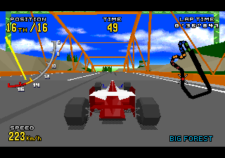 Virtua Racing Deluxe driving across the bridge at 223 km/h