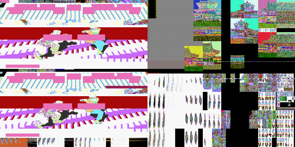 VRAM dump from the ZNDC headless harness showing decoded stage textures and character sprites